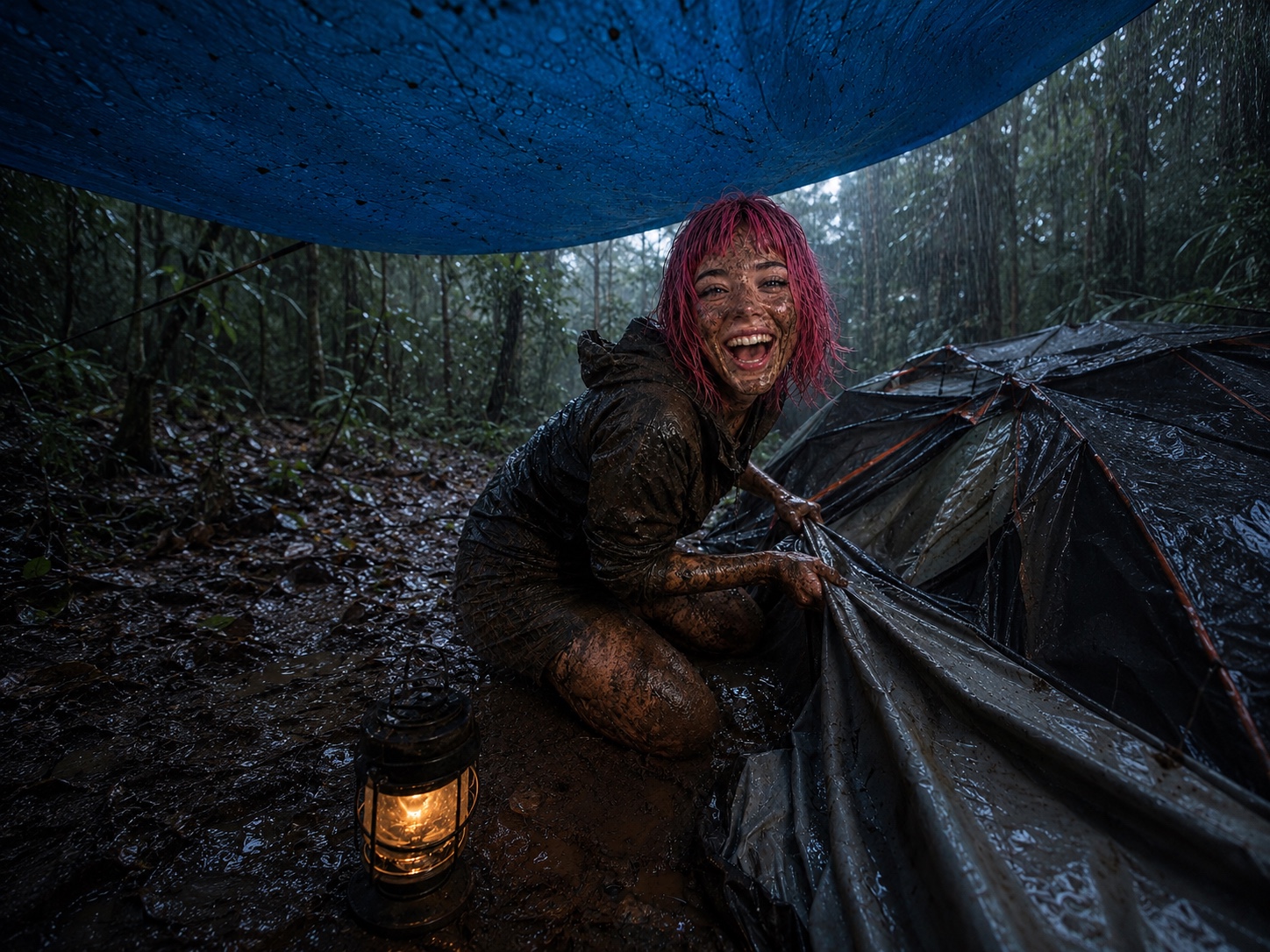Ruby laughing in the rain while setting up camp