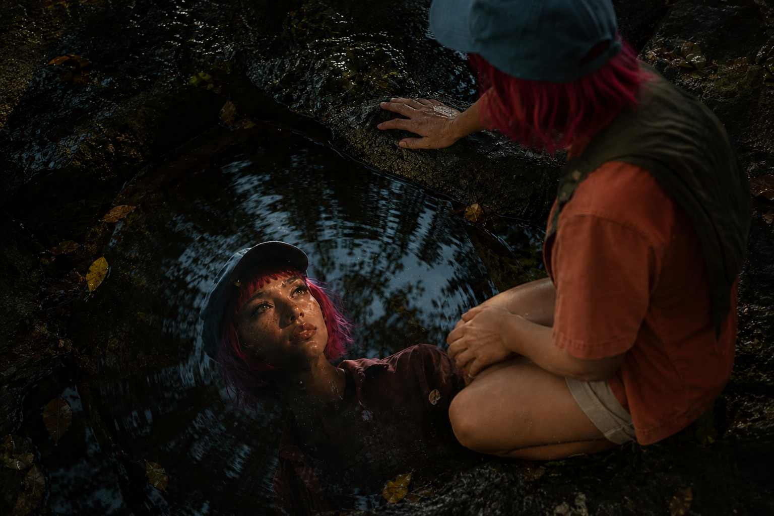 Ruby reflected in a dark woodland pool