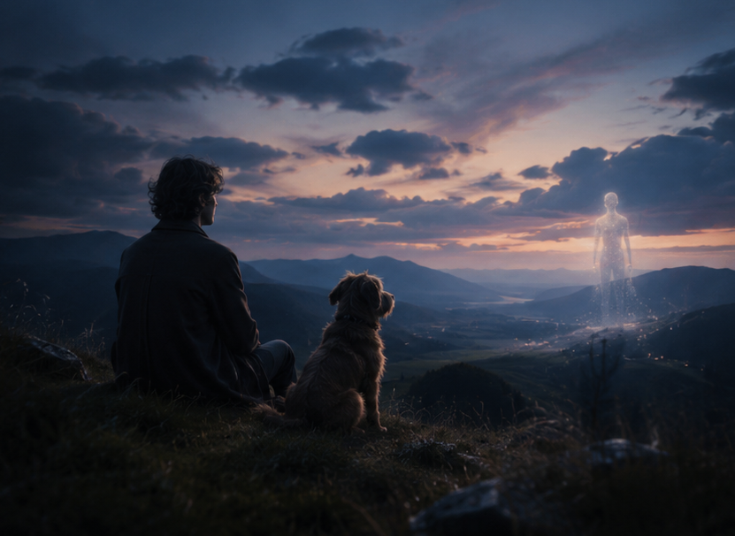 A person and an animal companion facing an imagined luminous presence at twilight