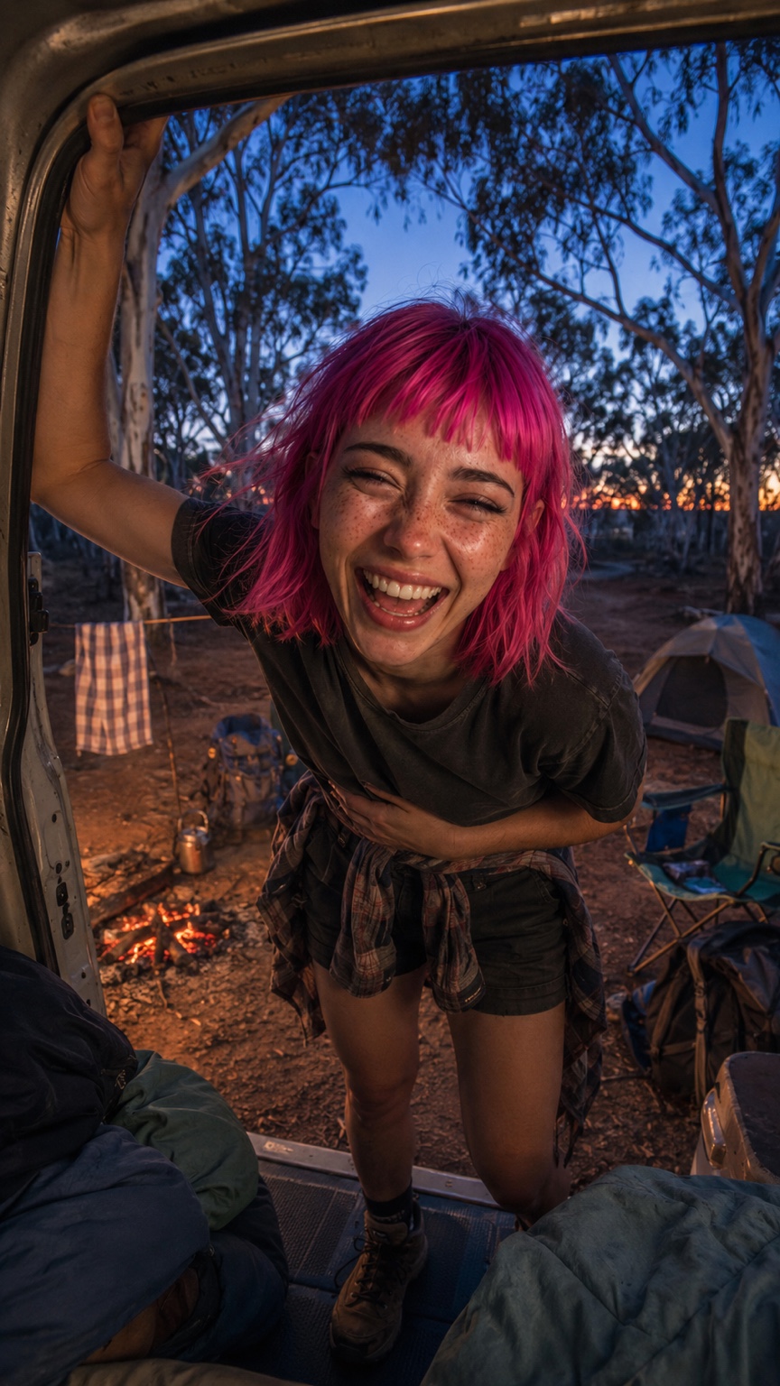 Ruby laughing at a campsite as the same identity remains recognisable