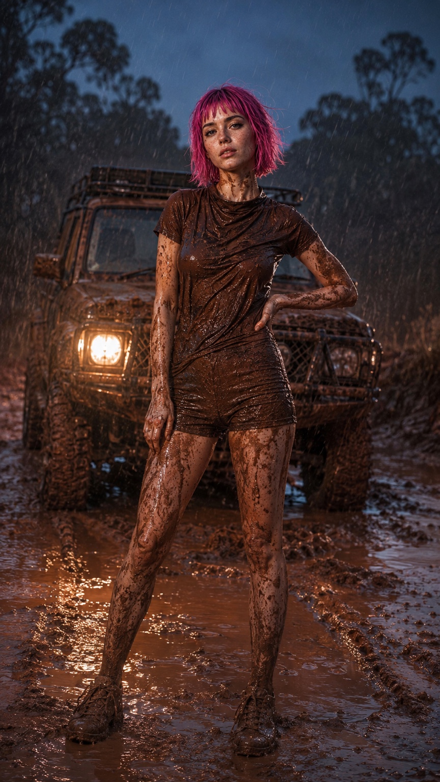 Ruby standing in the rain and mud as the cinematic world keeps moving