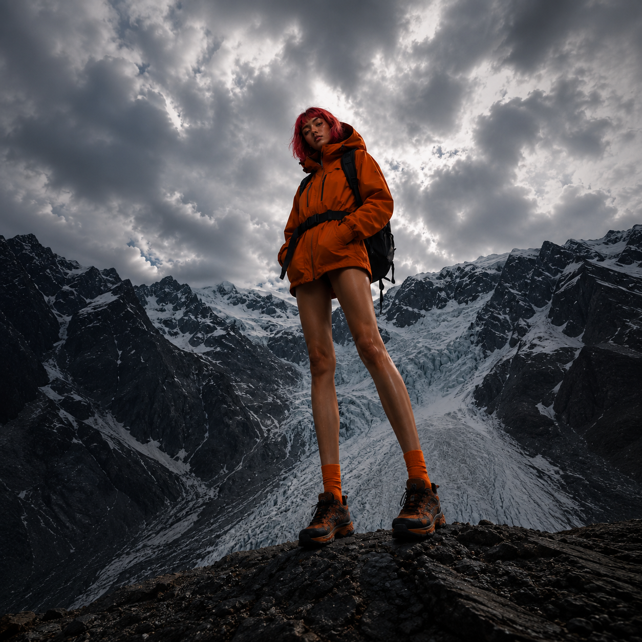 Ruby standing above a glacier in an orange expedition jacket