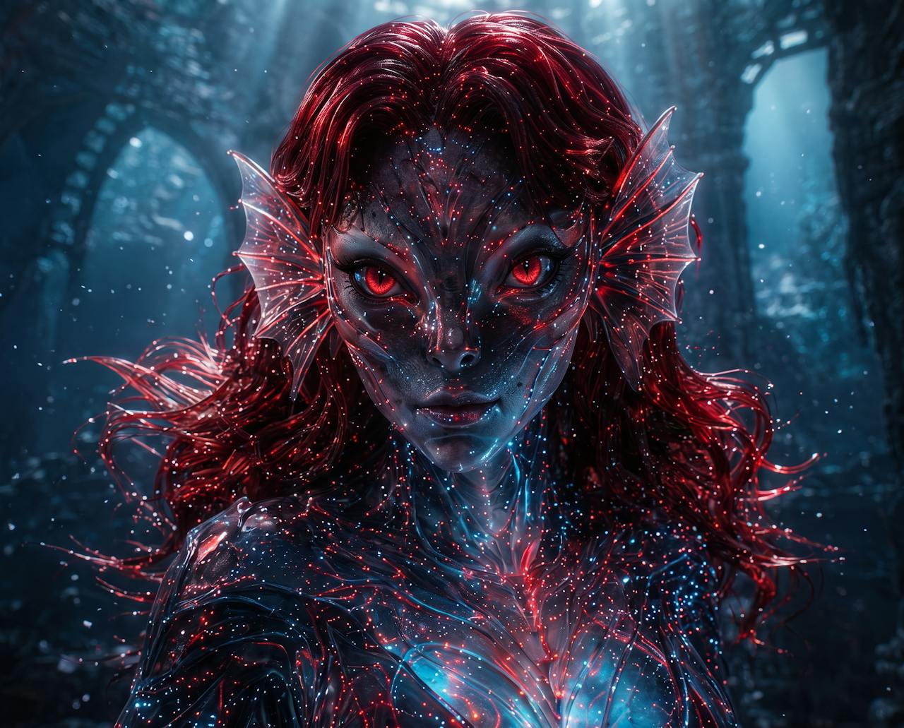 Original aquatic character in a blue cinematic world
